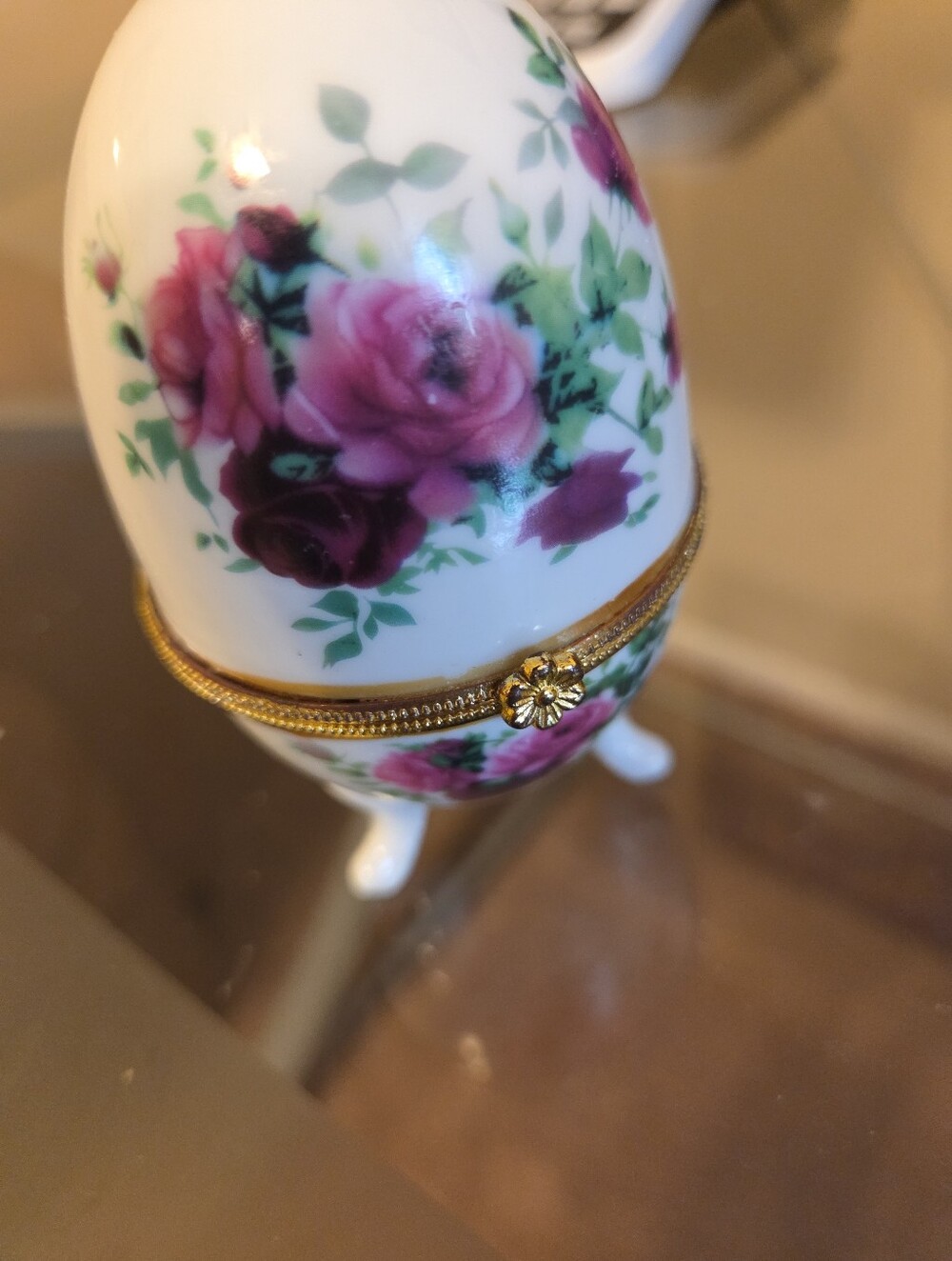 Porcelain Floral Egg Trinket Box with Gold Trim NWOT